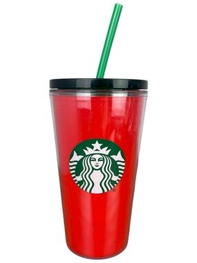 Starbucks Cup Red 16oz Cold Brew Tumbler Travel w/ Straw Shiny Holiday Logo